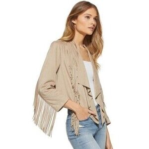 COLLEEN LOPEZ Faux Suede Fringe Open Jacket 1X Drape 3/4 Sleeve Tan Western